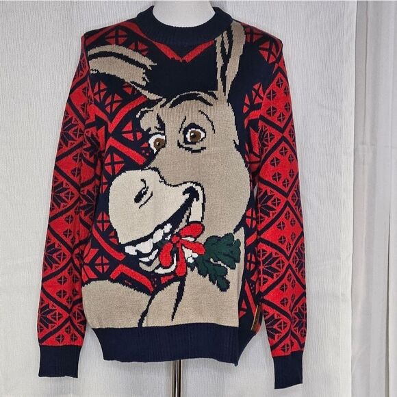 Tipsy Elves 2015 Shrek Donkey Navy Blue & Red Fair Isle Knit Christmas Sweater - Picture 2 of 13